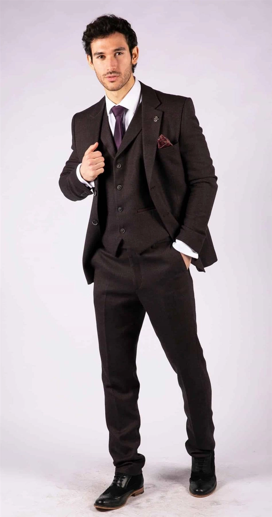 Mens Purple Plum 3 Piece Tweed Herringbone Suit Peaky Blinders Classic Tailored