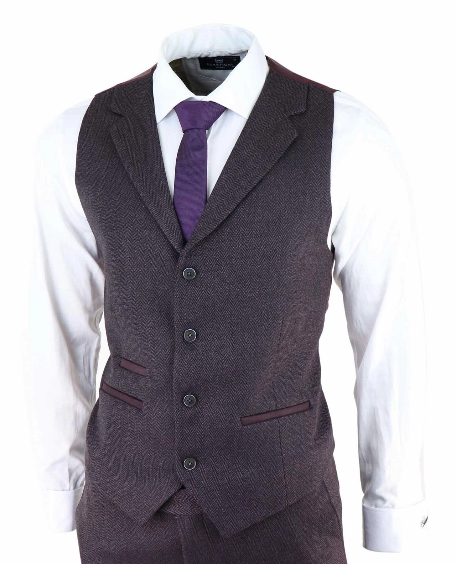 Mens Purple Plum 3 Piece Tweed Herringbone Suit Peaky Blinders Classic Tailored