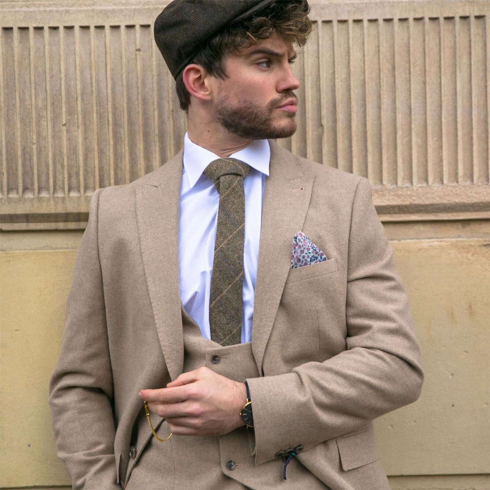 Mens Tweed 3 Piece Beige Formal Wedding Suit
