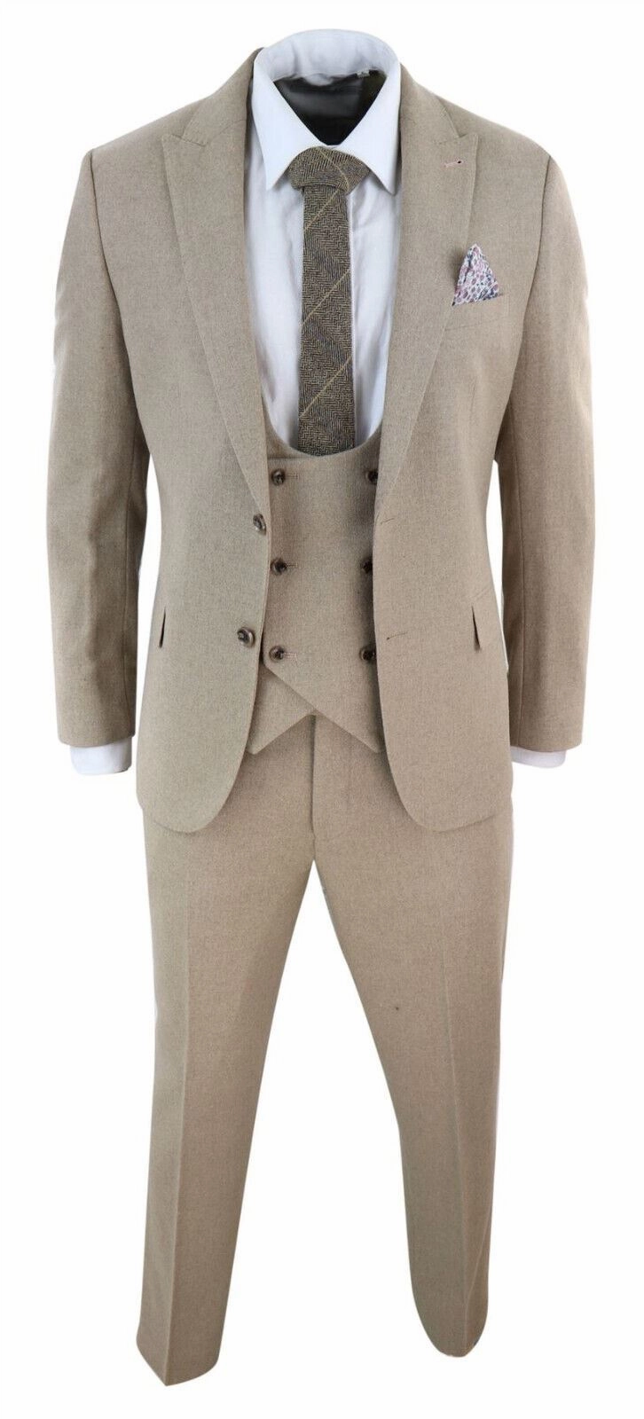 Mens Tweed 3 Piece Beige Formal Wedding Suit