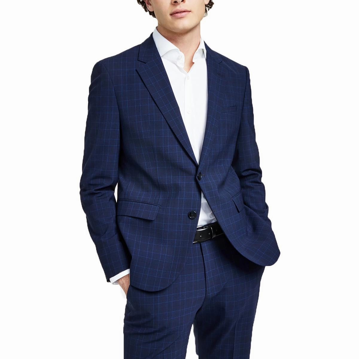 Mens Wool Blend Plaid Two-Button Blazer