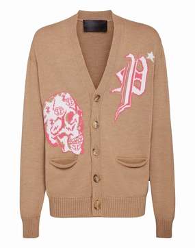 Merino wool Cardigan Short Jacquard Skull chunky knit discount