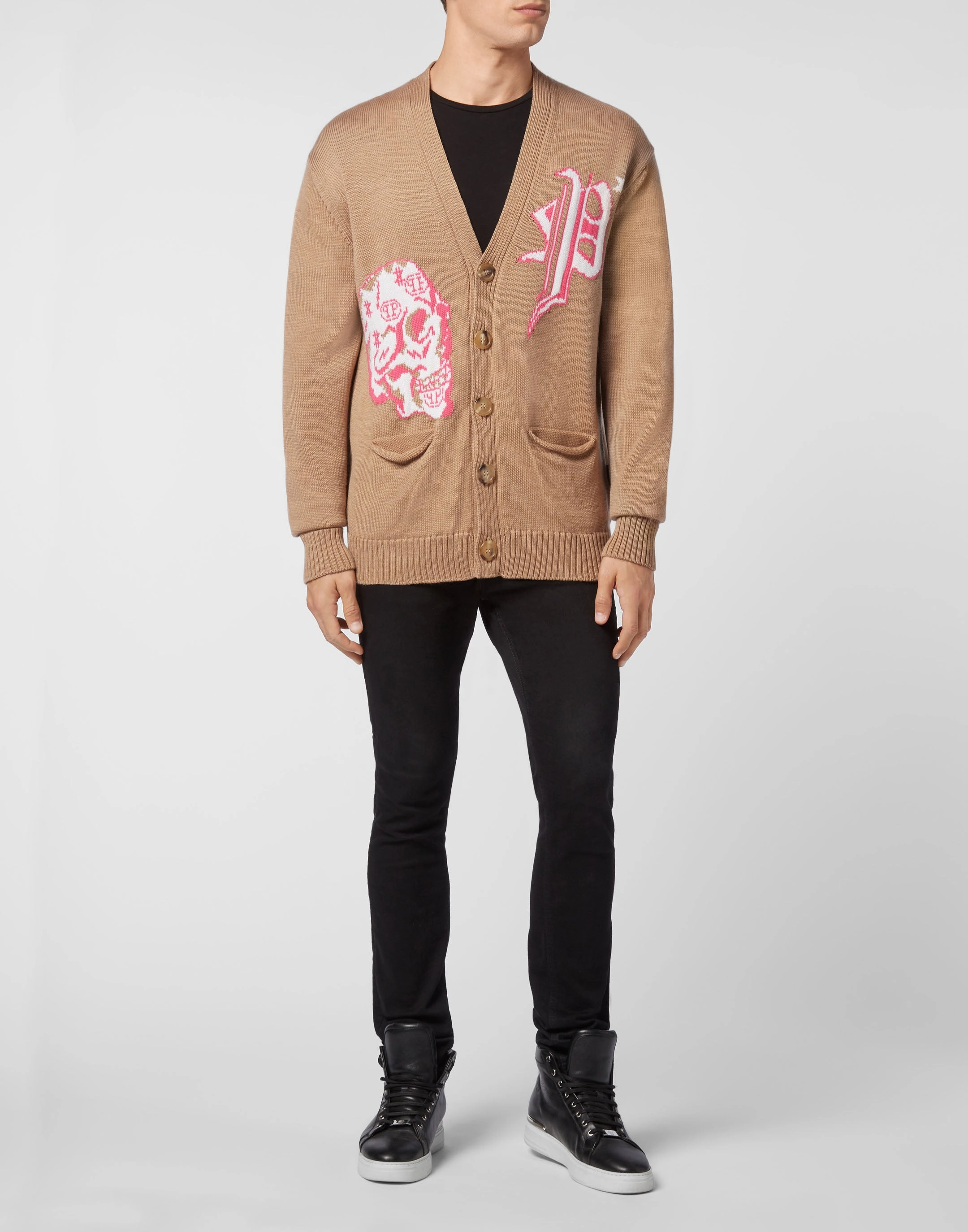 Merino wool Cardigan Short Jacquard Skull