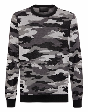 Merino Wool Pullover Round Neck LS Camouflage chunky knit discount