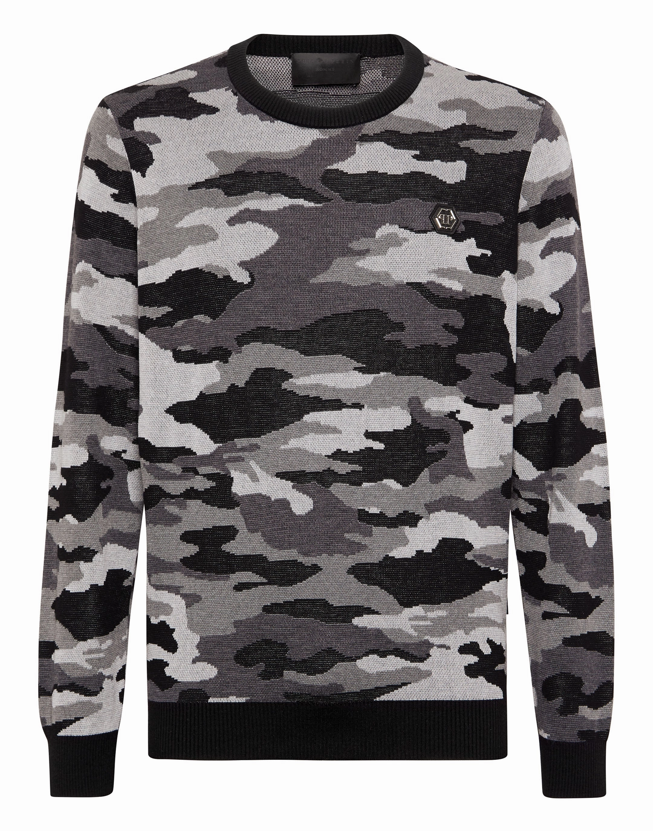 Merino Wool Pullover Round Neck LS Camouflage chunky knit discount