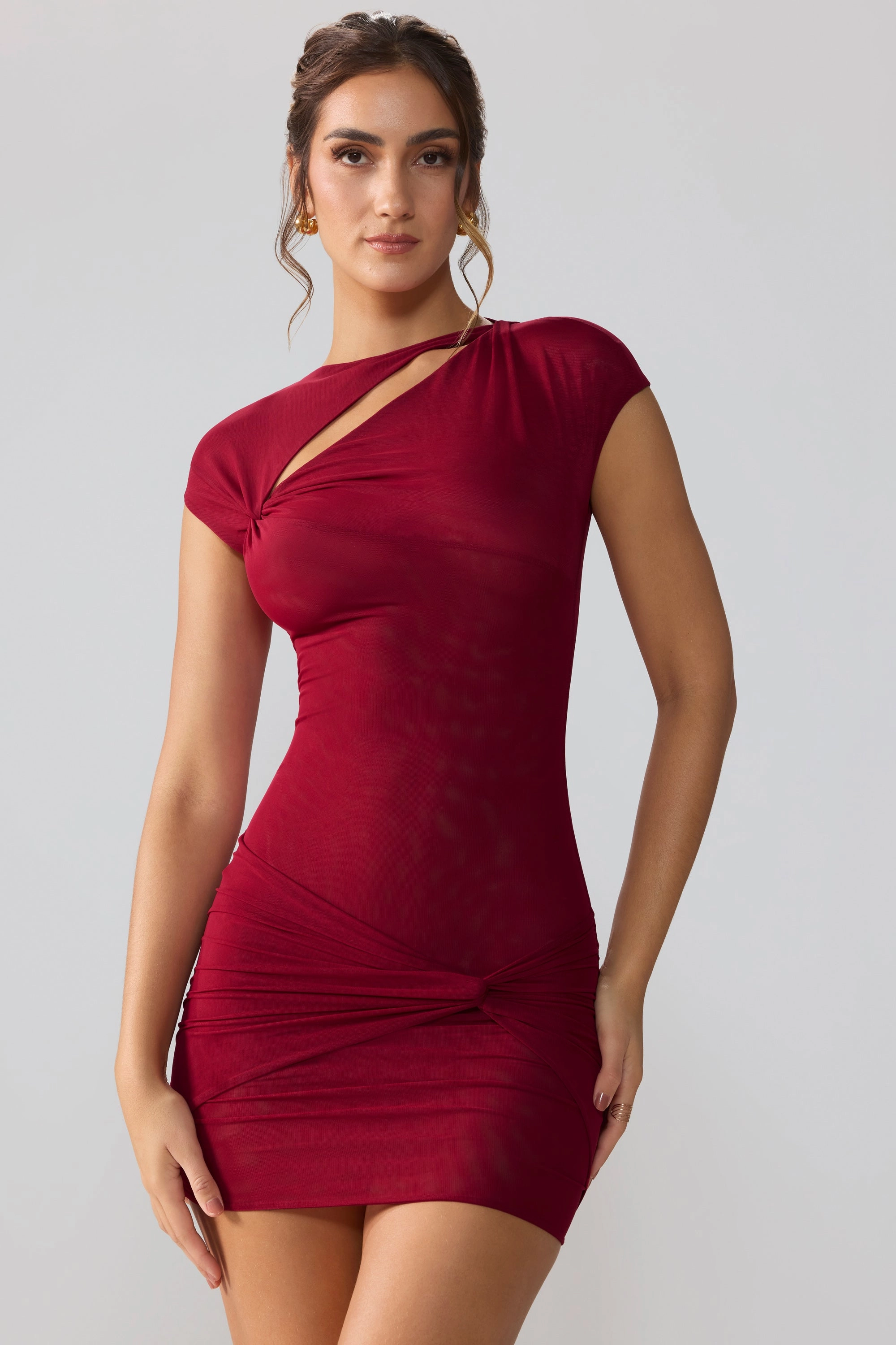 Mesh Cap Sleeve Cut Out Mini Dress in Ruby shop for Dresses online