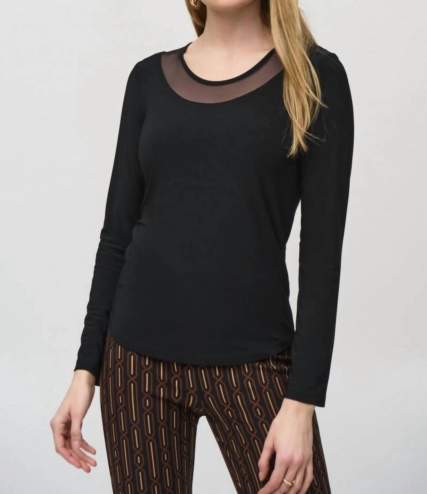 Mesh Round Neck Long Sleeves Top In Black