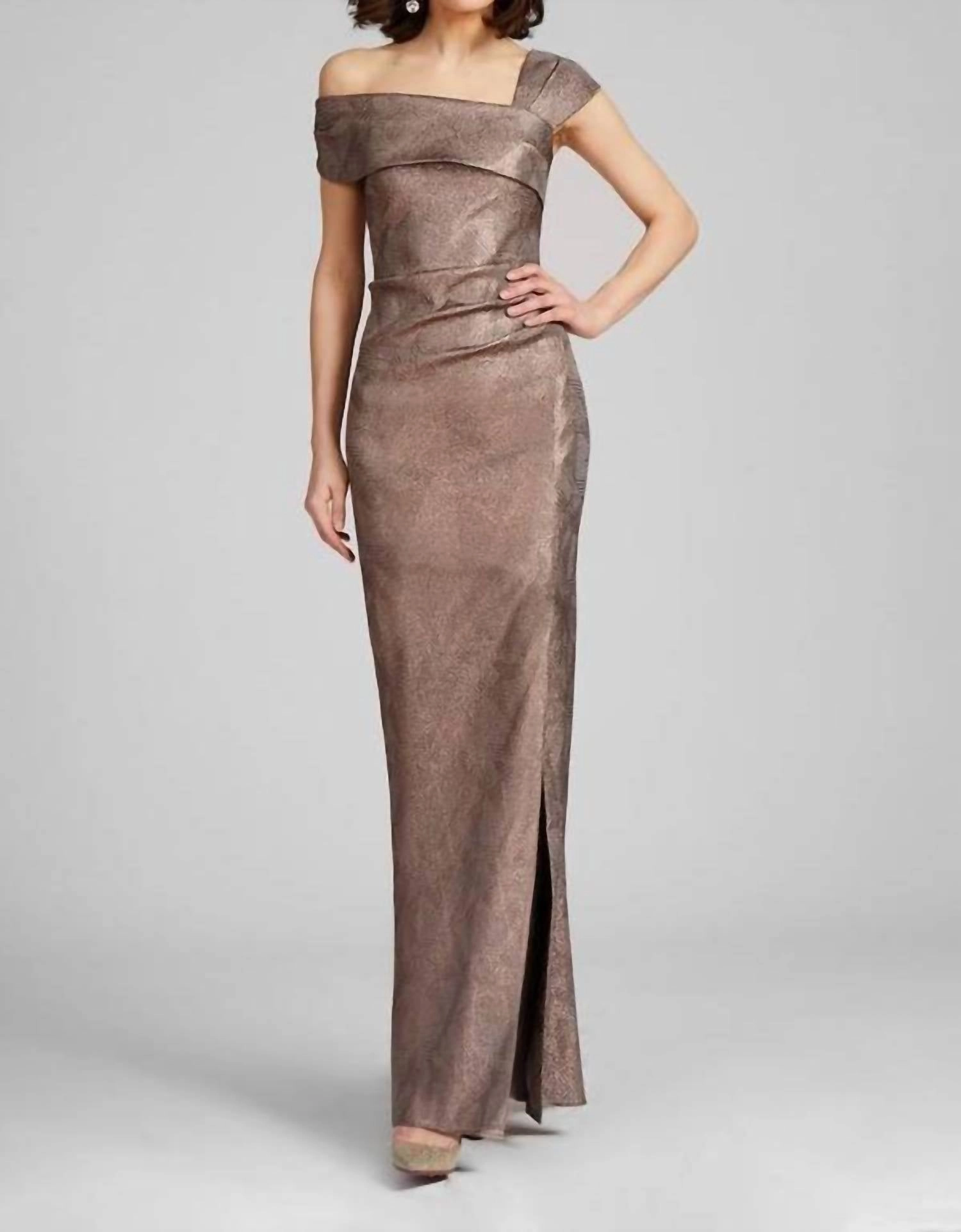 Metallic Jacquard Asymmetrical Shoulder Gown In Bronze