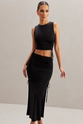 Mid Rise Midi Skirt in Black Bottoms Womens - women's pants clearance