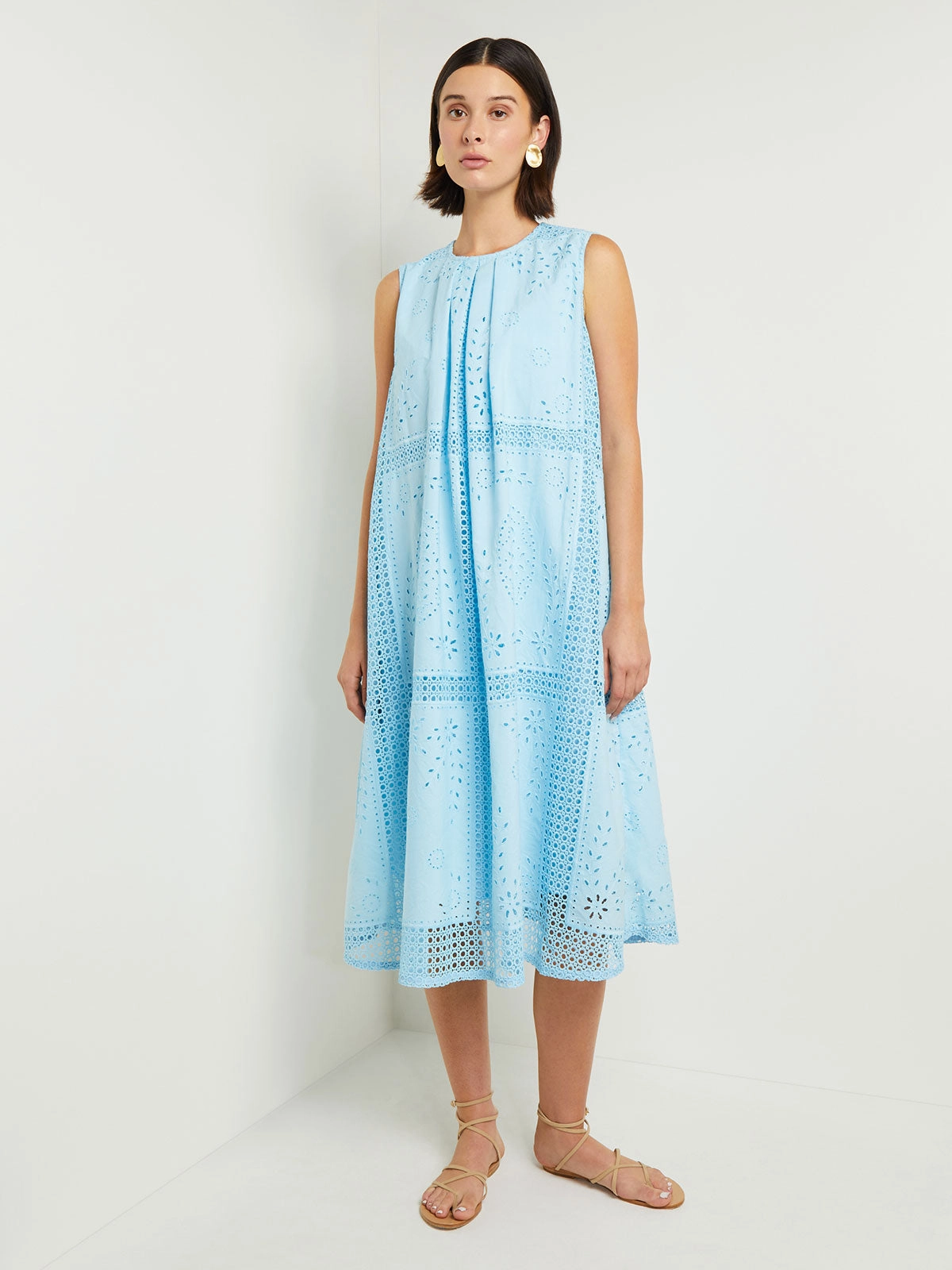Midi Tent Dress - Sleeveless Eyelet Detailed Woven