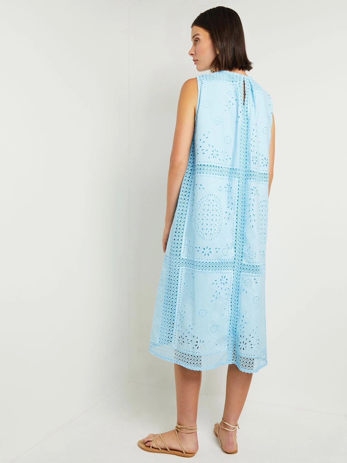 Midi Tent Dress - Sleeveless Eyelet Detailed Woven