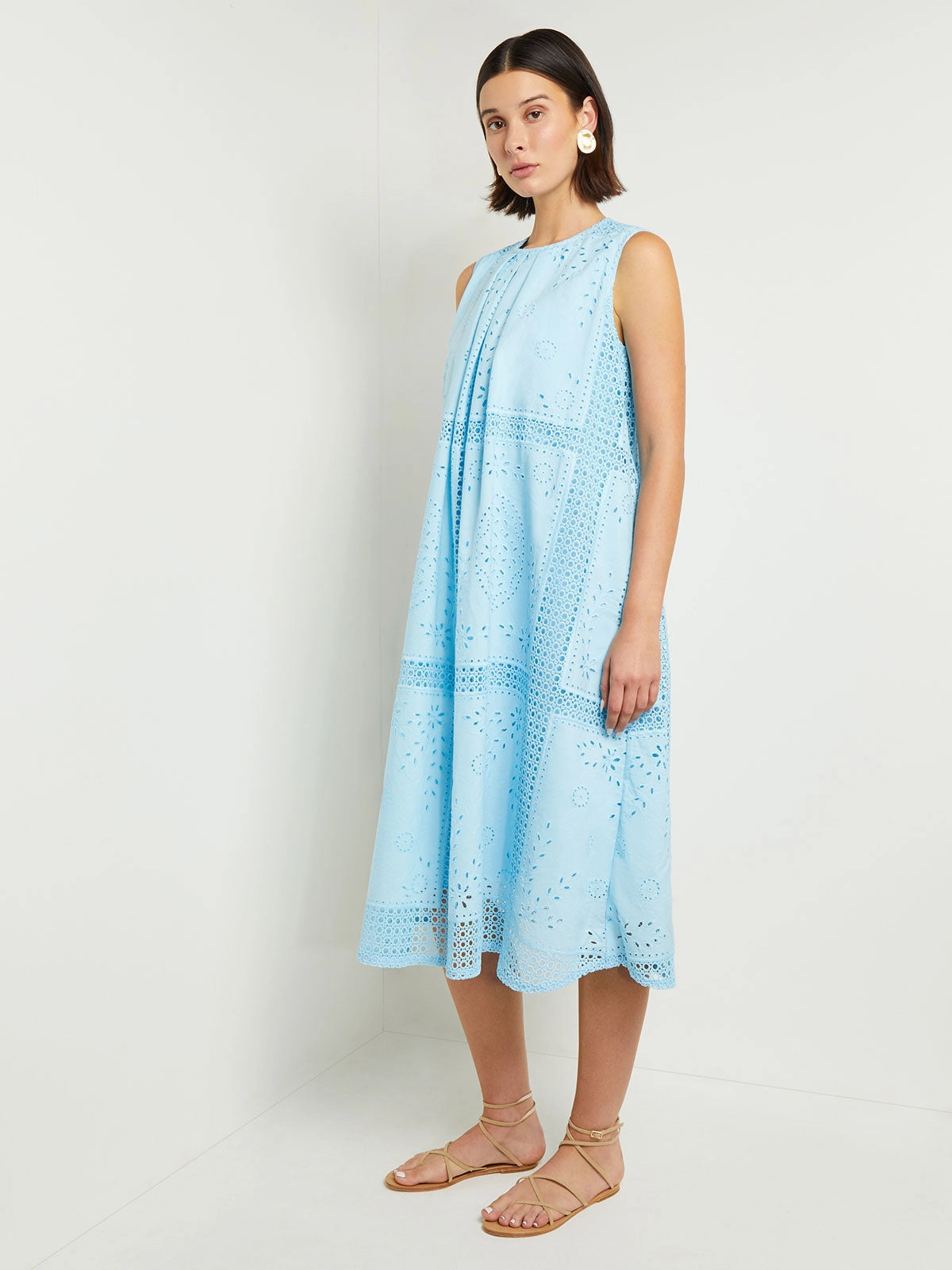 Midi Tent Dress - Sleeveless Eyelet Detailed Woven