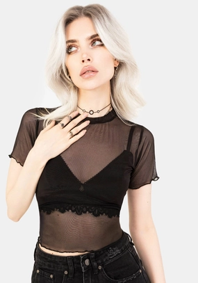 Mirage Mesh Lettuce Edge Crop Tee Tops Womens - women's blouses clearance