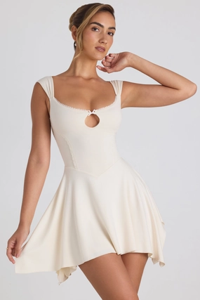 Modal Asymmetric Lace-Trim A-Line Mini Dress in Ivory Dresses outlet online