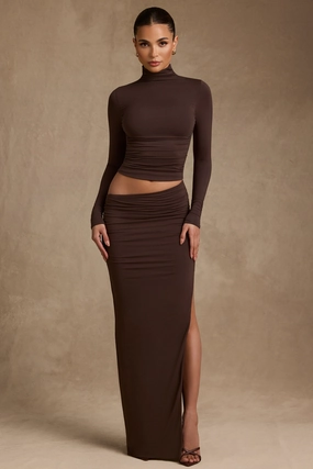 Modal Asymmetric-Waist Maxi Skirt in Chocolate Brown Bottoms Womens - women's pants clearance