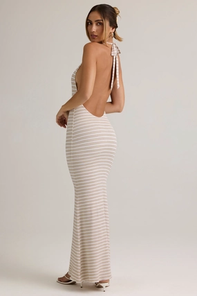 Modal Backless Halterneck Maxi Dress in Pink & Yellow Stripe Dresses - cocktail dresses sale