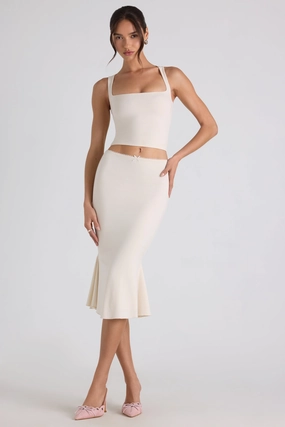 Modal Bow-Detail Mid-Rise Midi Skirt in Ivory Bottoms Womens - women's pants clearance