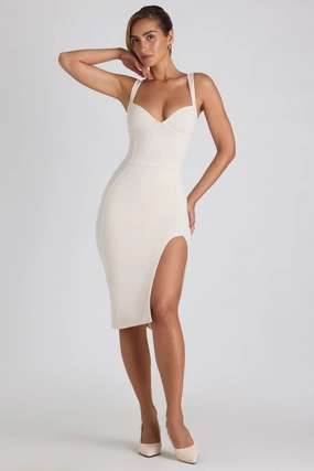 Modal Bow-Detail Sweetheart-Neck Midi Dress in Ivory Dresses outlet online