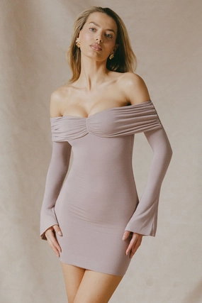 Modal-Cashmere Blend Off-Shoulder Ruched Mini Dress in Taupe cheap Dresses on sale