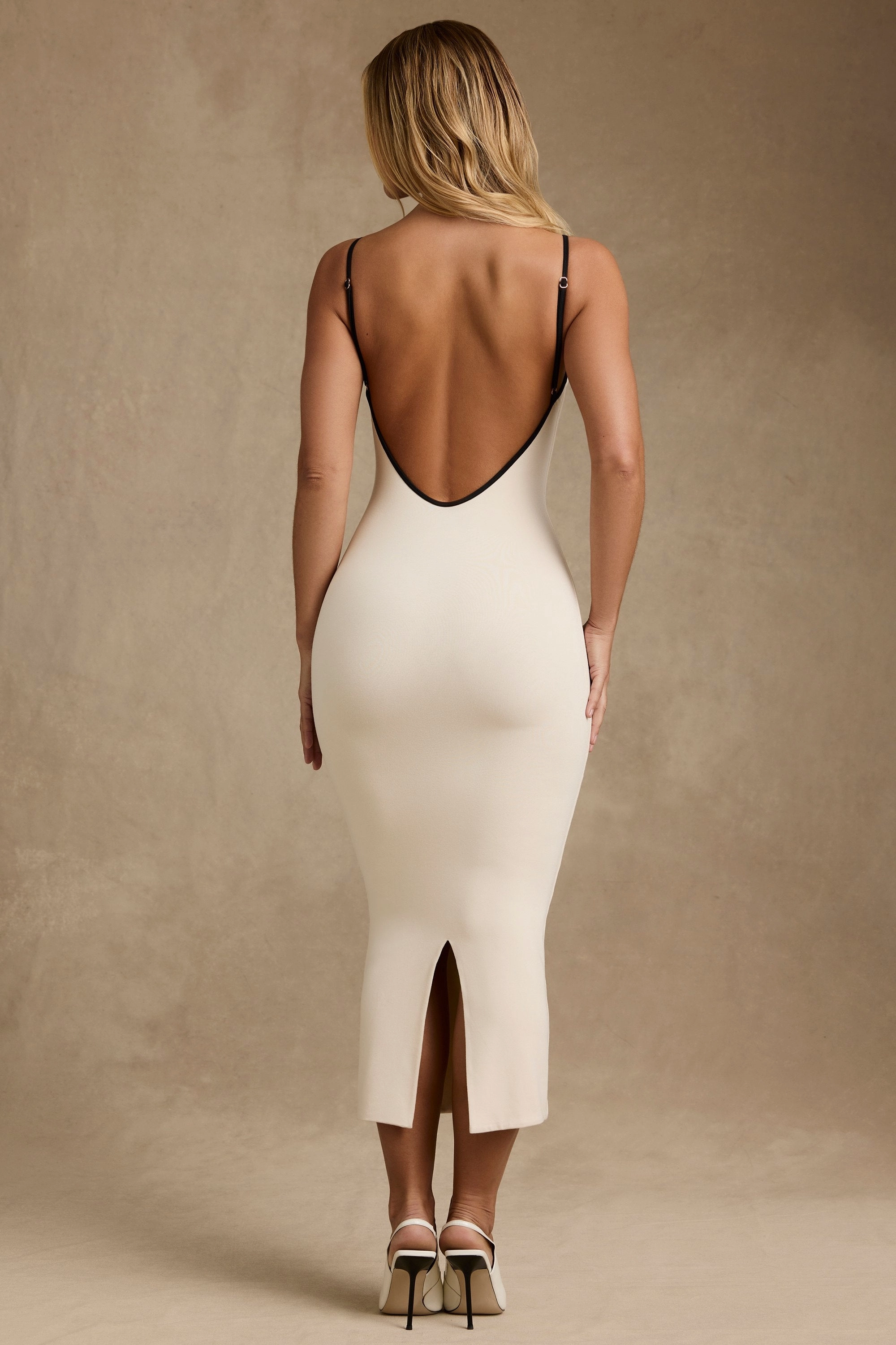 Modal Contrast-Trim Backless Midaxi Dress in Ivory
