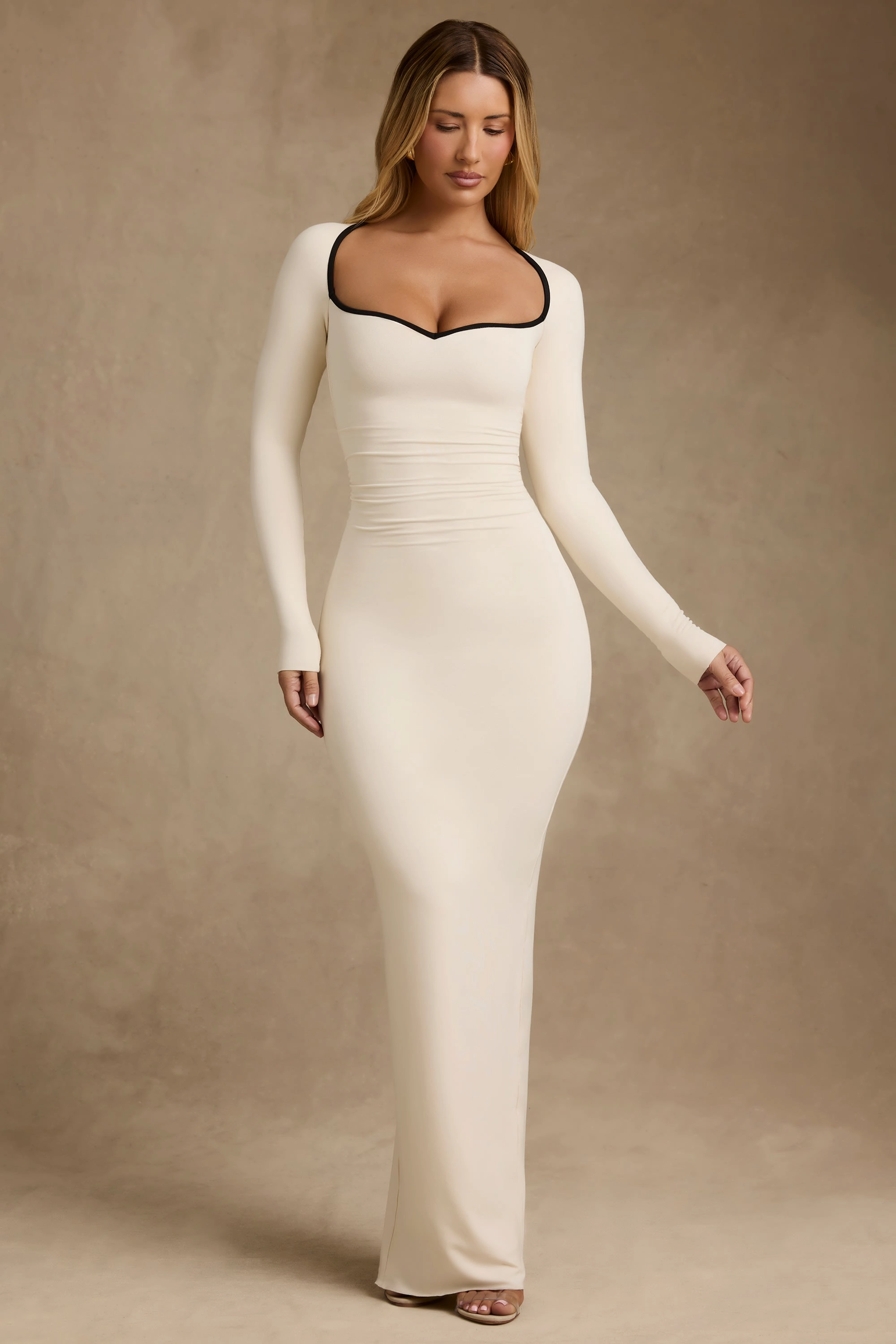 Modal Contrast-Trim Maxi Dress in Ivory