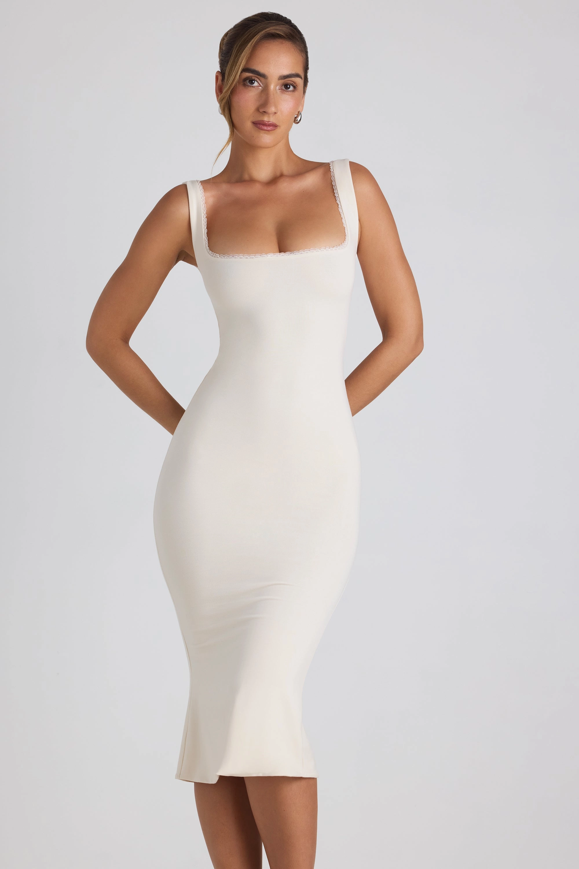 Modal Lace-Trim Midaxi Dress in Ivory Dresses outlet online
