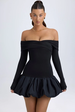Modal Off-Shoulder Bubble Hem Mini Dress in Black Dresses - dresses on sale