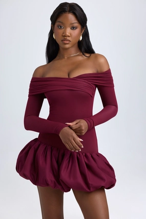 Modal Off-Shoulder Bubble Hem Mini Dress in Wine Red shop for Dresses online