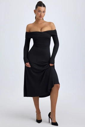 Modal Off-Shoulder Ruched Midaxi Dress in Black cheap Dresses on sale