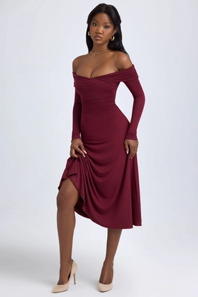 Modal Off-Shoulder Ruched Midaxi Dress in Wine Red cheap Dresses on sale