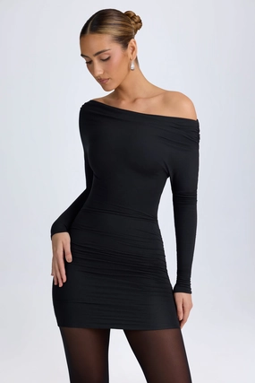 Modal Off-Shoulder Ruched Mini Dress in Black Dresses - dresses on sale