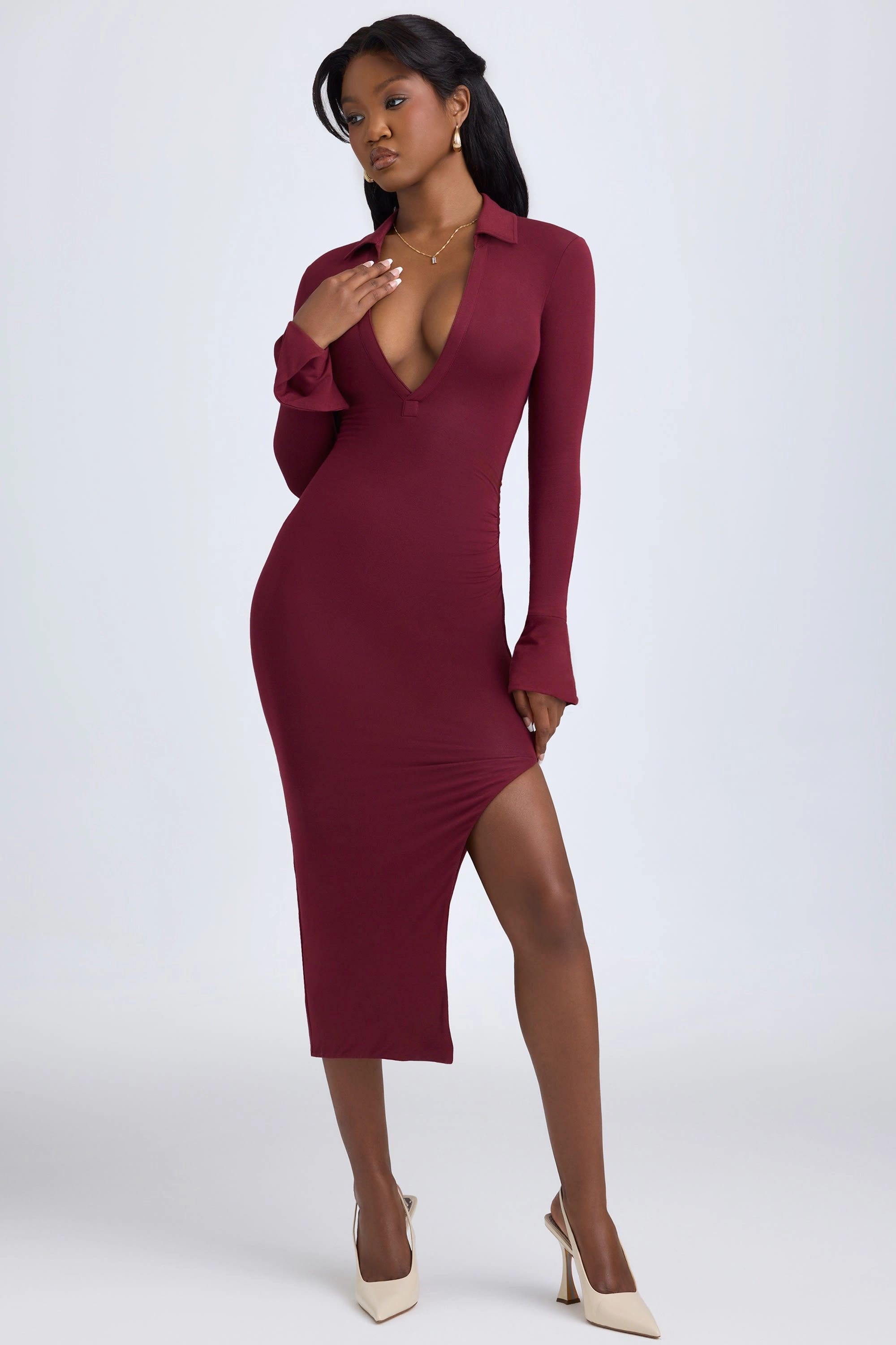 Modal Plunge V-Neck Midaxi Dress in Wine Red