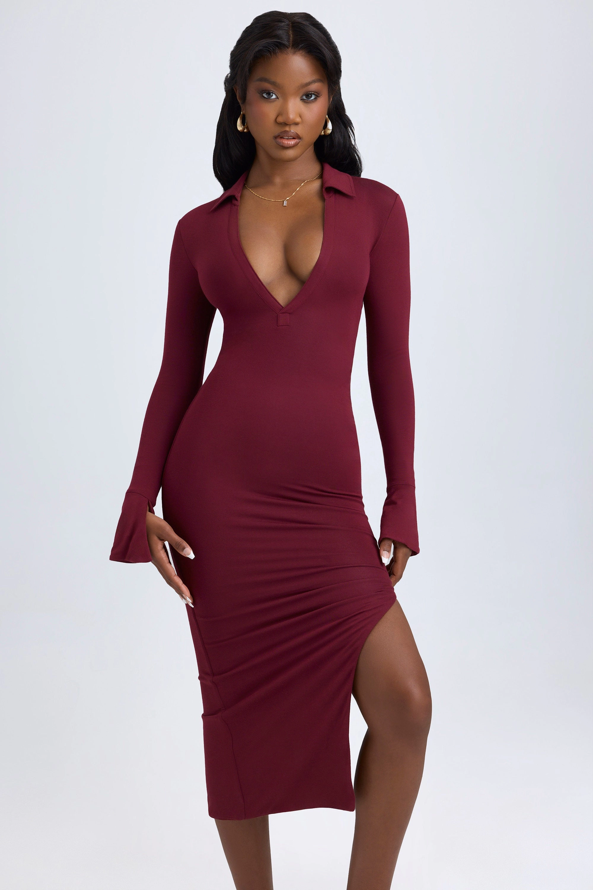 Modal Plunge V-Neck Midaxi Dress in Wine Red shop for Dresses online