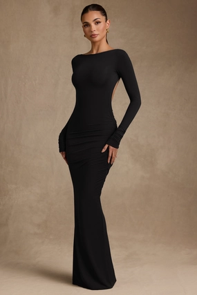 Modal Ruched Backless Maxi Dress in Black Dresses - dresses on sale
