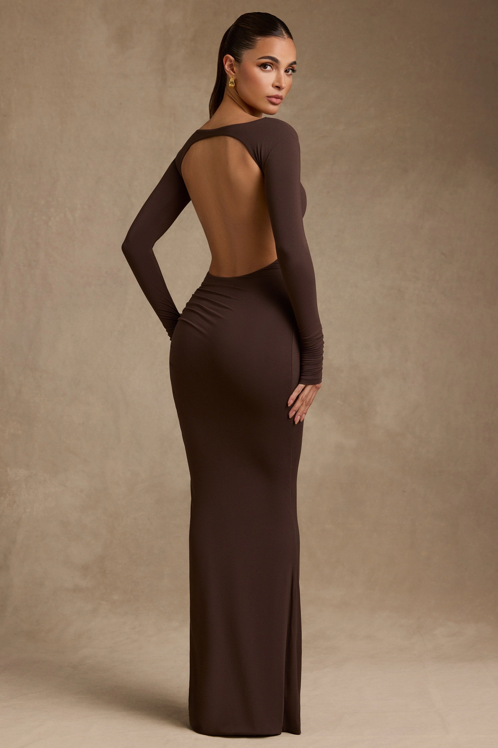 Modal Ruched Backless Maxi Dress in Chocolate Brown cheap Dresses on sale