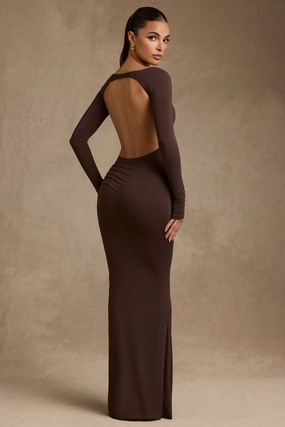 Modal Ruched Backless Maxi Dress in Chocolate Brown cheap Dresses on sale