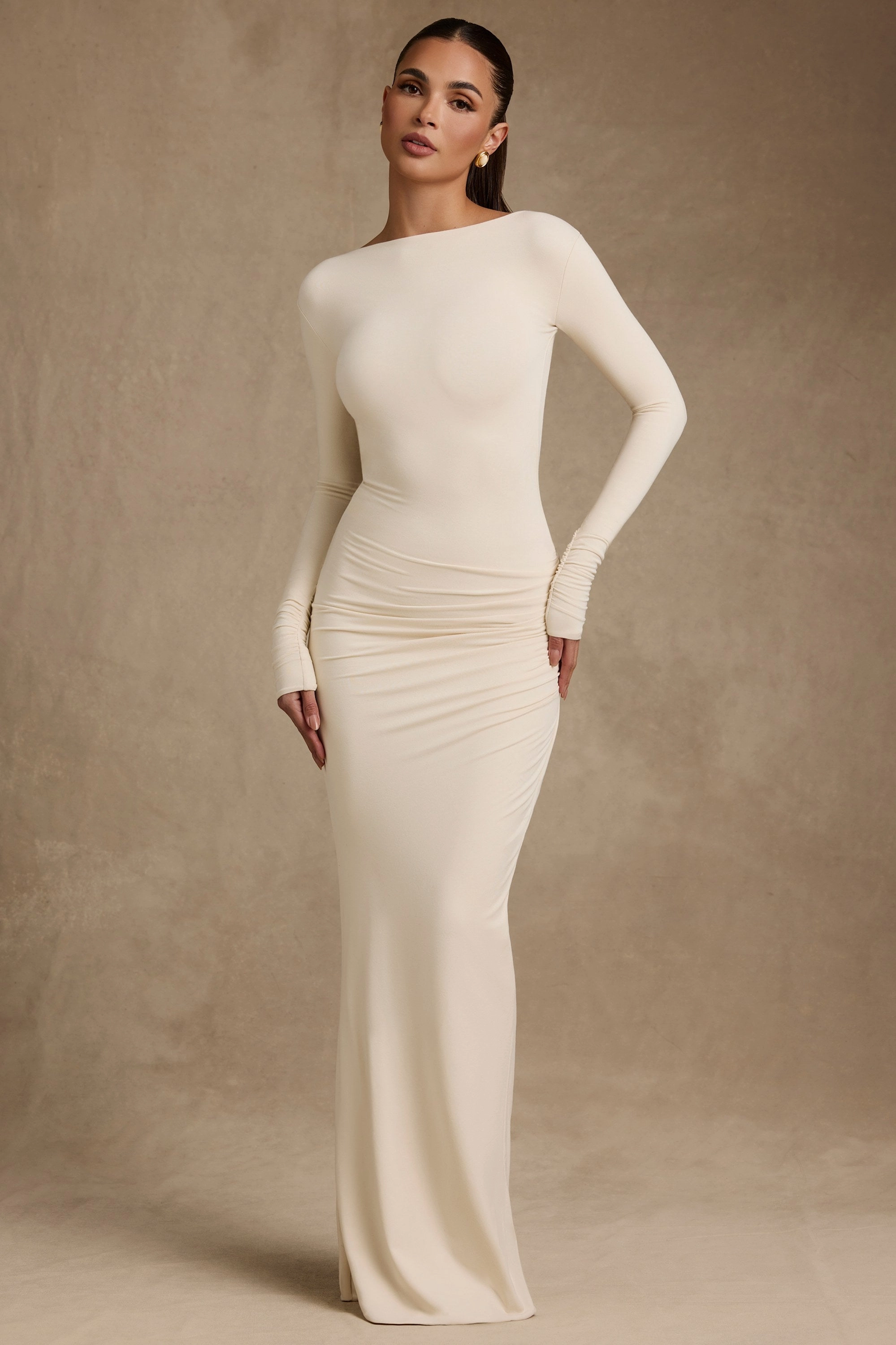 Modal Ruched Backless Maxi Dress in Ivory cheap Dresses on sale