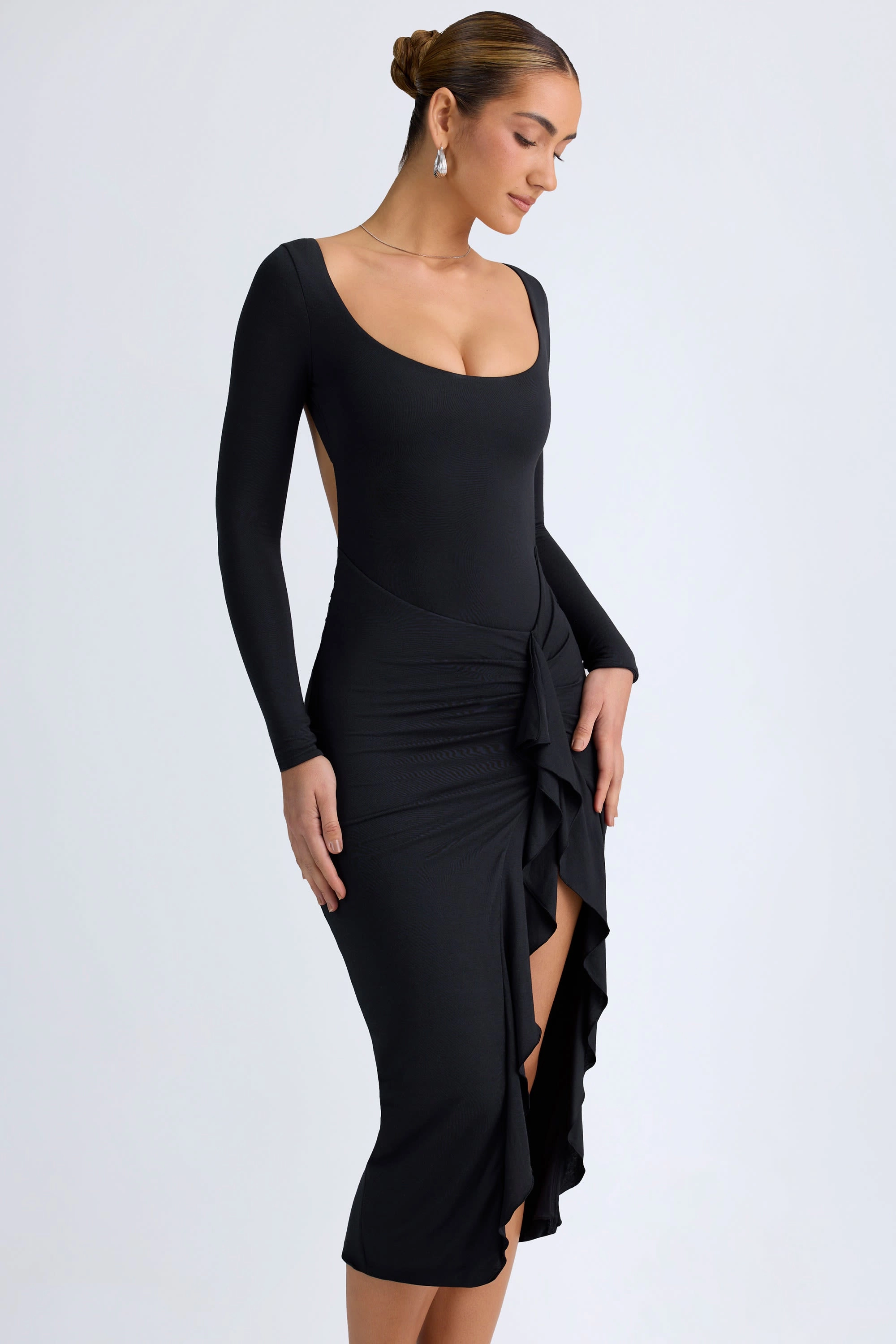 Modal Ruffled Midaxi Dress in Black
