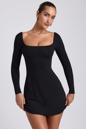 Modal Square Neck Long Sleeve Mini Dress in Black Dresses - dresses on sale