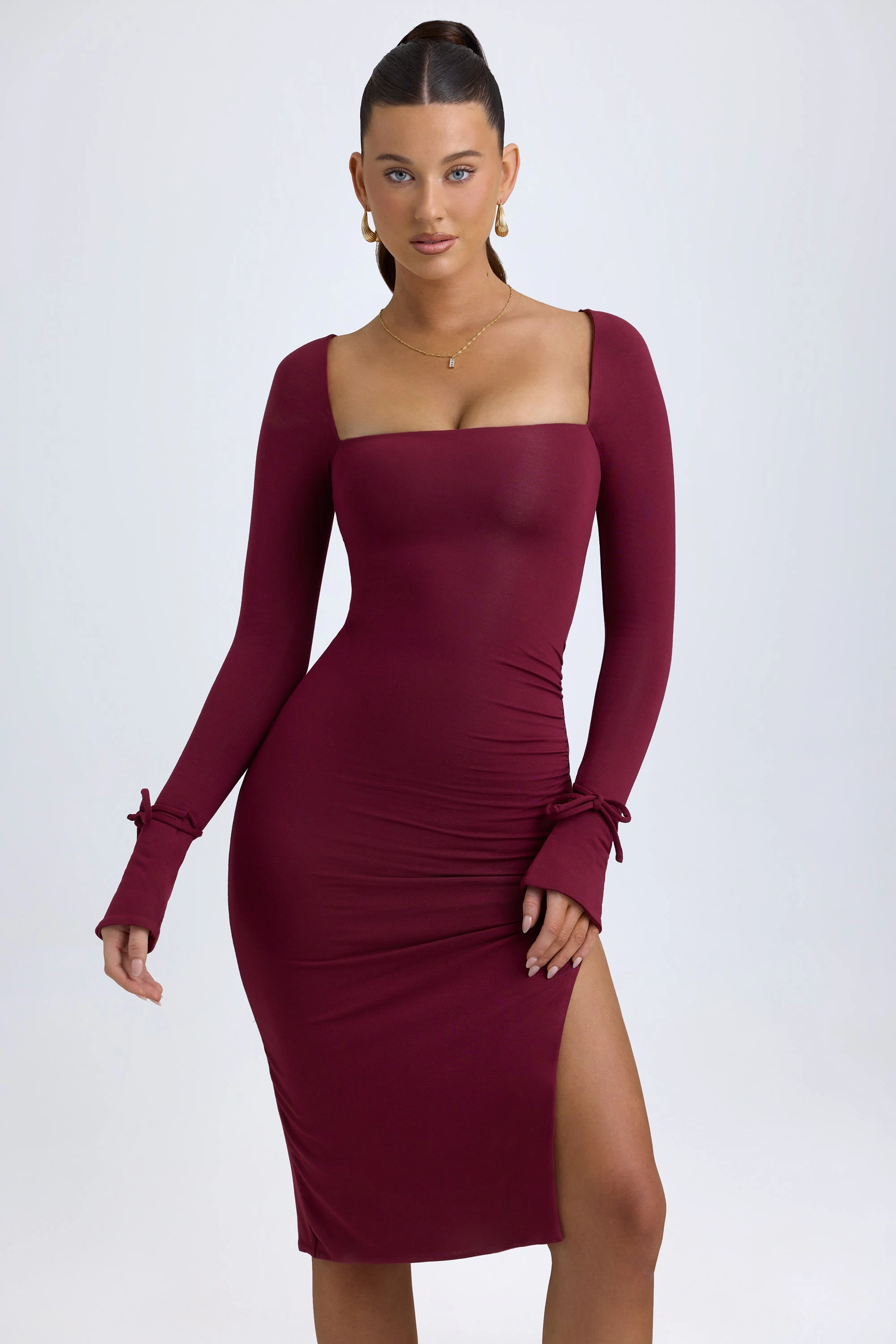 Modal Square-Neck Midi Dress in Wine Red shop for Dresses online