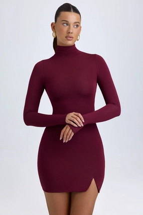 Modal Turtleneck Mini Dress in Wine Red shop for Dresses online