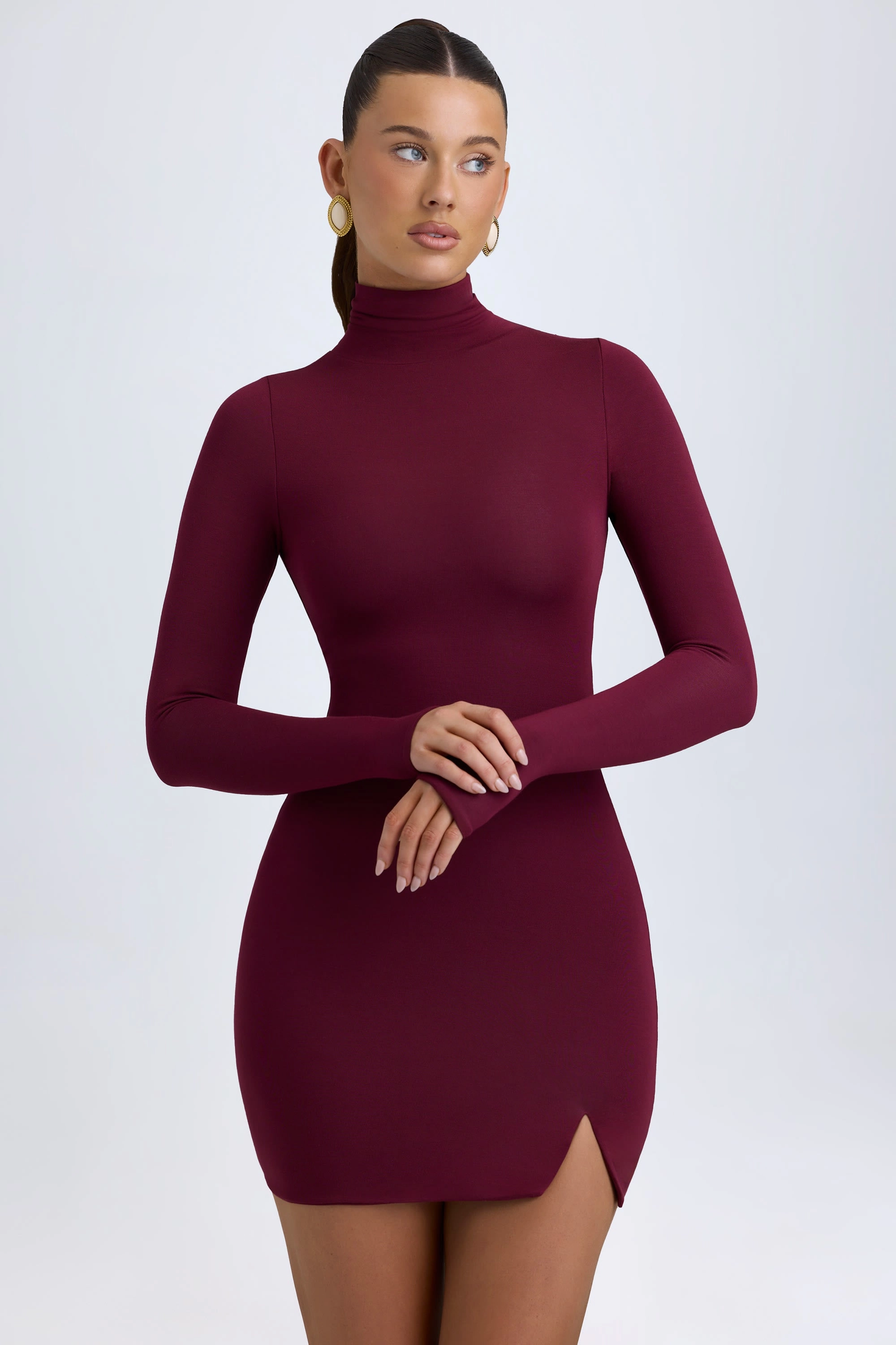 Modal Turtleneck Mini Dress in Wine Red shop for Dresses online