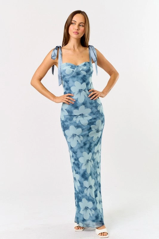 Monaco Floral Shoulder Tie Mesh Maxi Dress