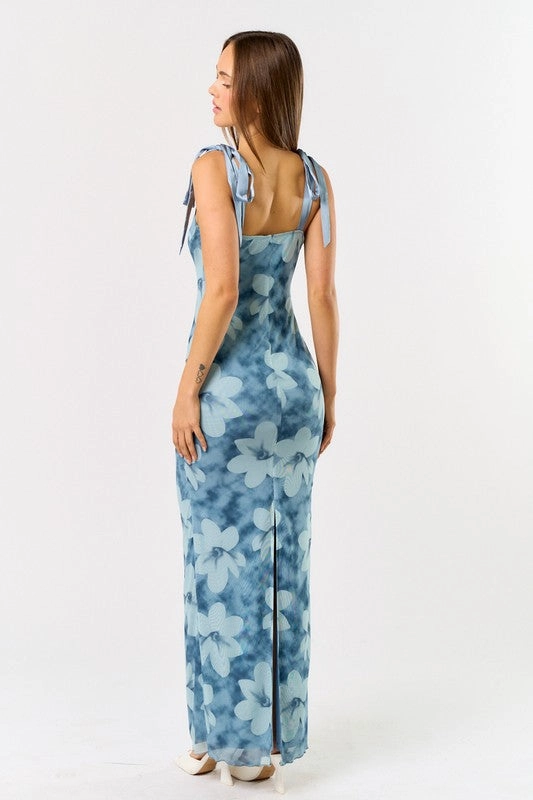 Monaco Floral Shoulder Tie Mesh Maxi Dress