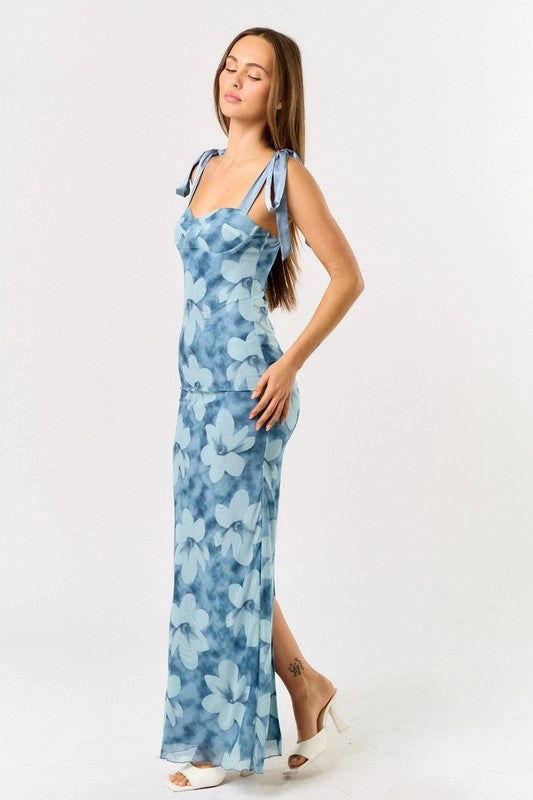 Monaco Floral Shoulder Tie Mesh Maxi Dress