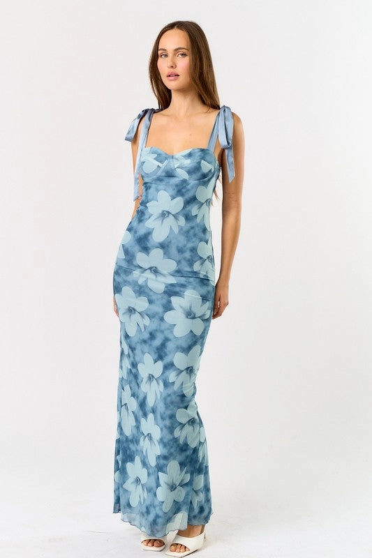 Monaco Floral Shoulder Tie Mesh Maxi Dress