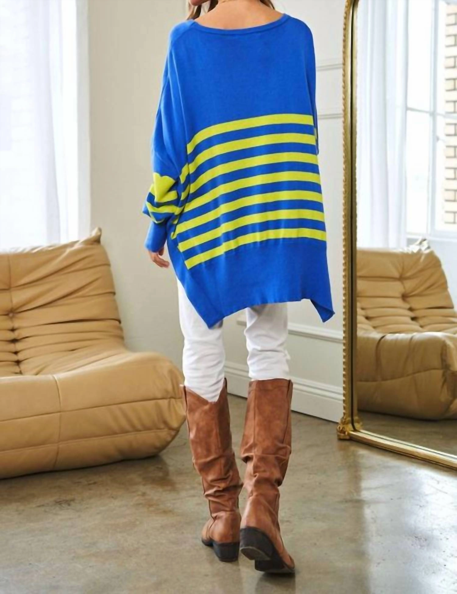 Multi Striped Elbow Patch Loose Fit Sweater Top In Ocean Blue