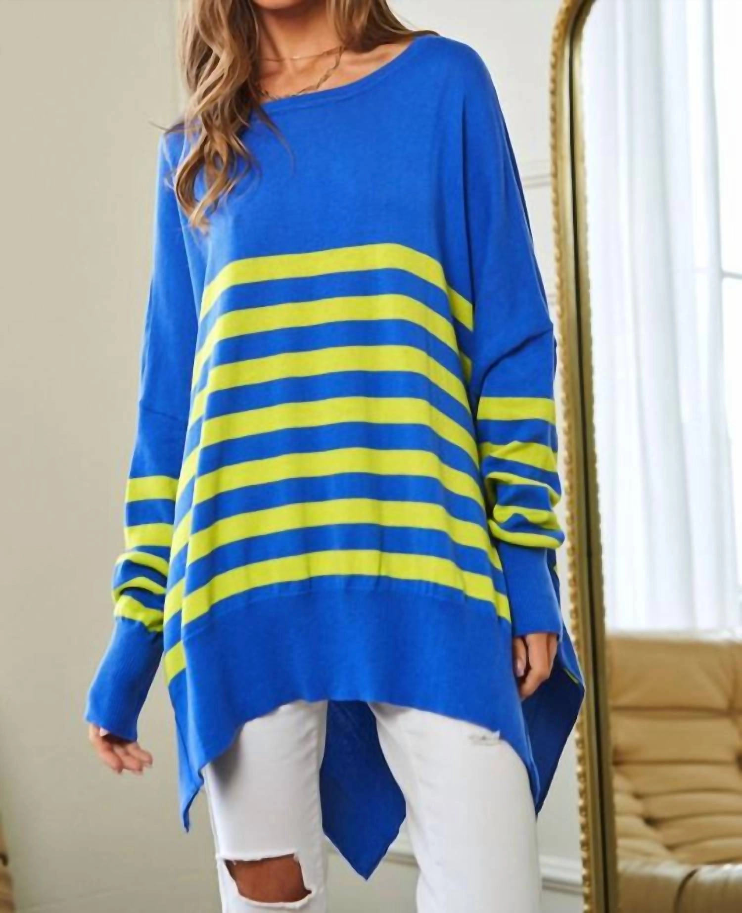 Multi Striped Elbow Patch Loose Fit Sweater Top In Ocean Blue turtleneck sweaters sale