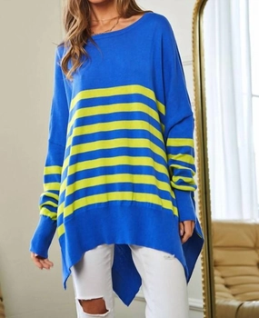 Multi Striped Elbow Patch Loose Fit Sweater Top In Ocean Blue turtleneck sweaters sale