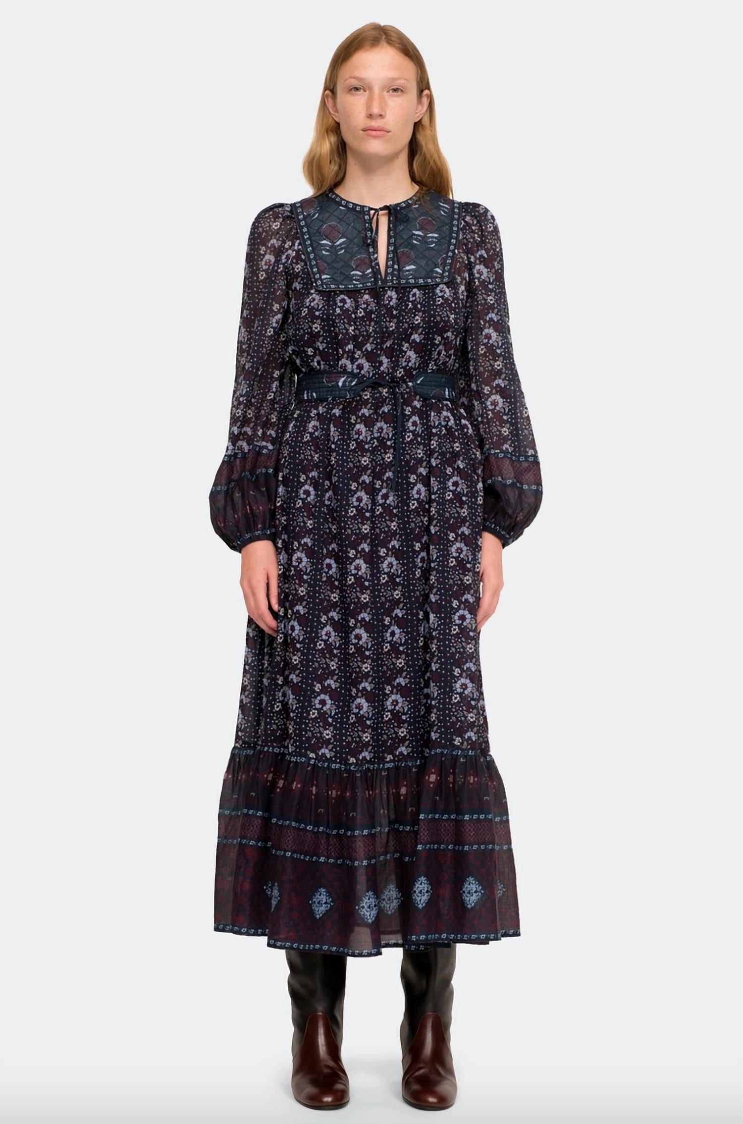 Nadine Border Long Sleeve Tiered Dress In Multi